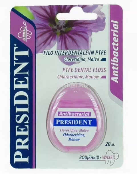 фото упаковки PresiDent Antibacterial зубная нить фитофлосс вощеная
