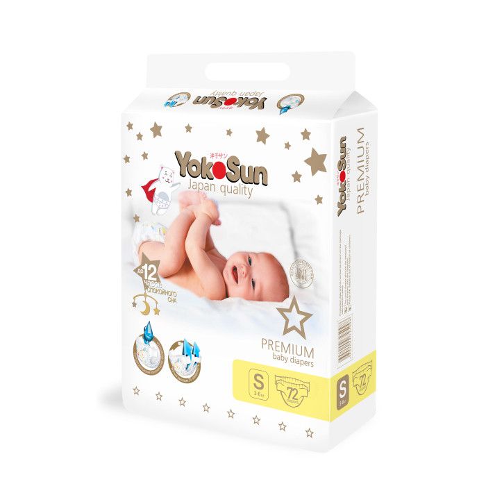 Yokosun Premium Подгузники детские, S, 3-6кг, 72 шт.