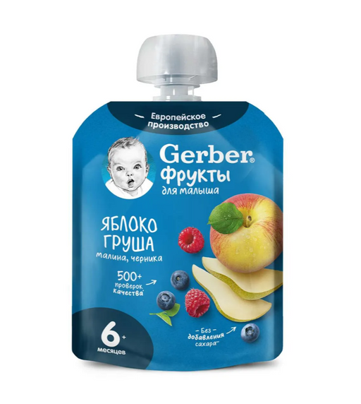 Gerber Пюре Яблоко груша малина черника, для детей с 6 месяцев, 90 г, 1 шт.