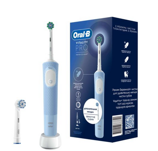 Oral-B Vitality Pro набор Щетка зубная электрическая 3708, голубого цвета, набор, с зарядкой 3757+Насадка сменная Sensitive clean, 1 шт.